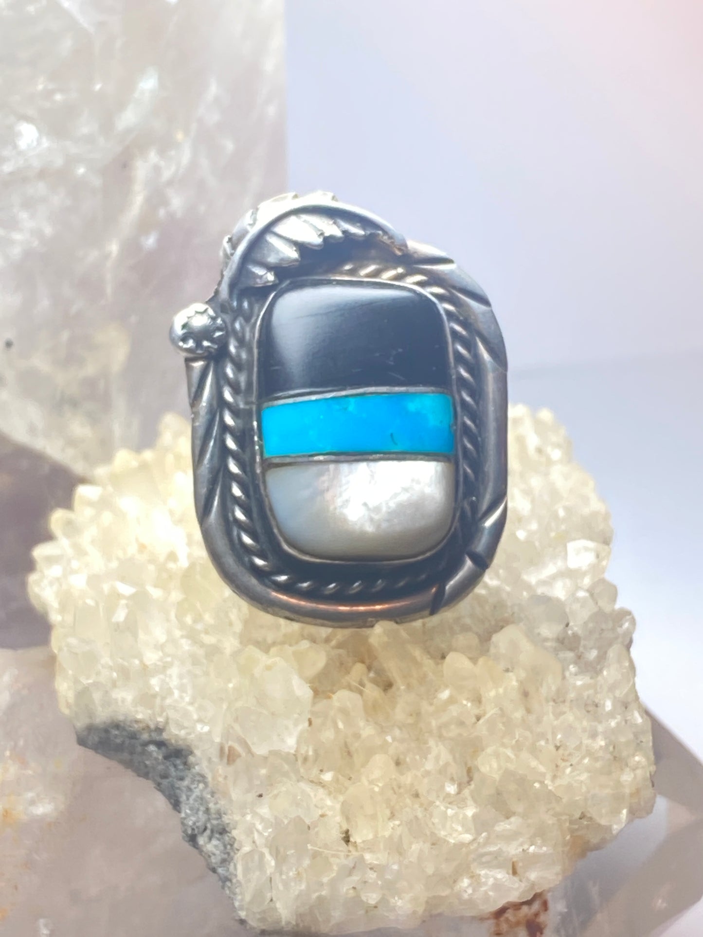 Turquoise ring size 8.50 Navajo onyx mother of pearl southwest sterling silver men women