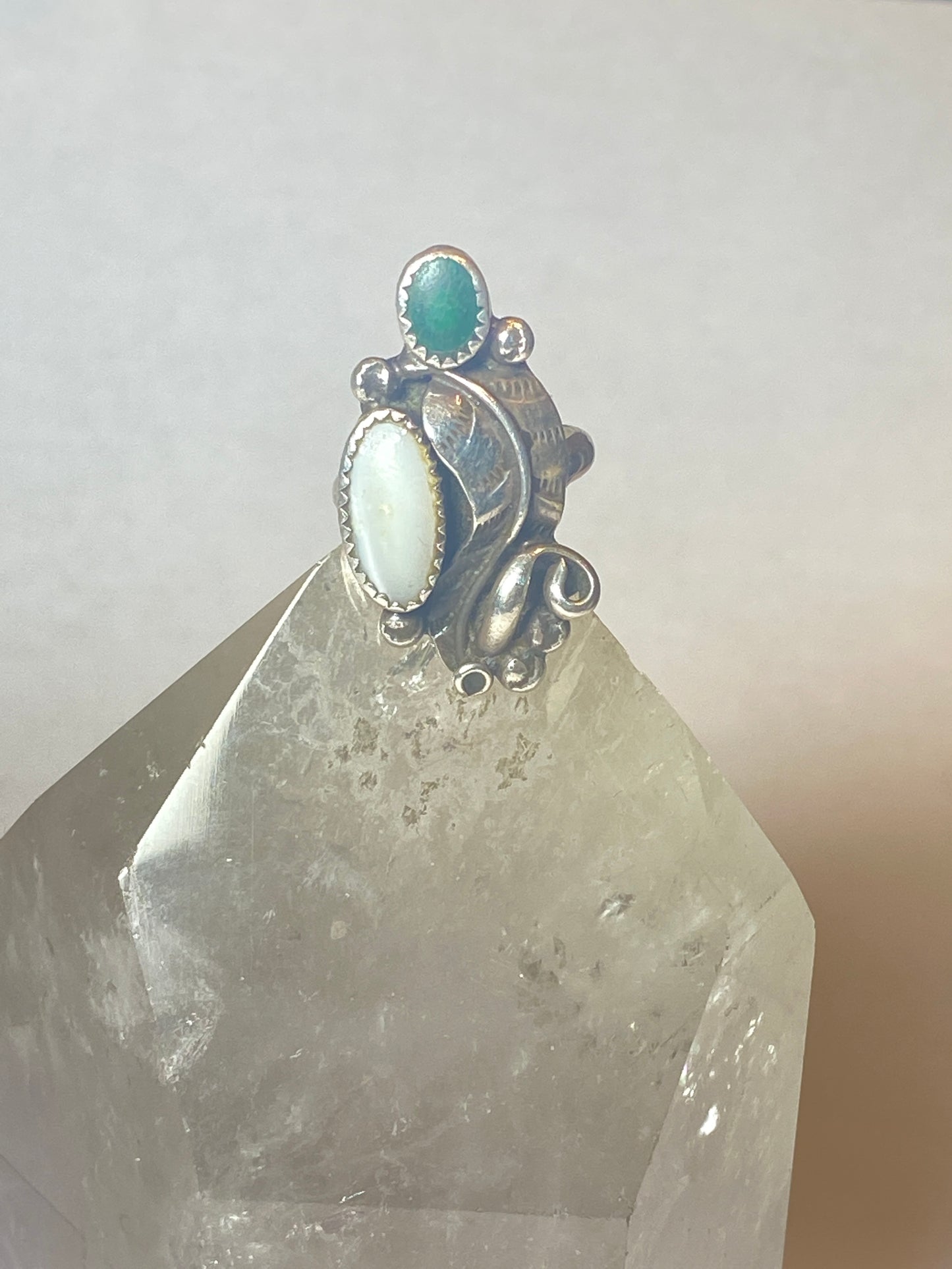 Turquoise ring long Navajo MOP leaves feather southwest sterling silver women