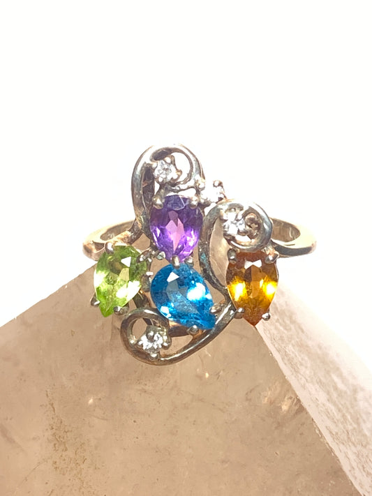 Cocktail ring size 6.75 sparkly colored stones blue pink yellow pinky sterling silver women girls
