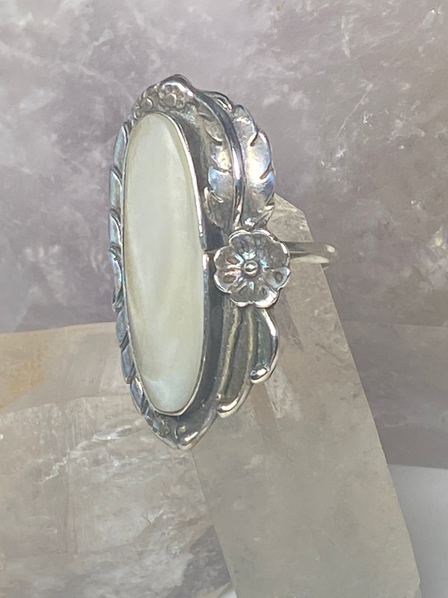Long Mother of pearl ring Navajo southwest squash blossom sterling silver band women