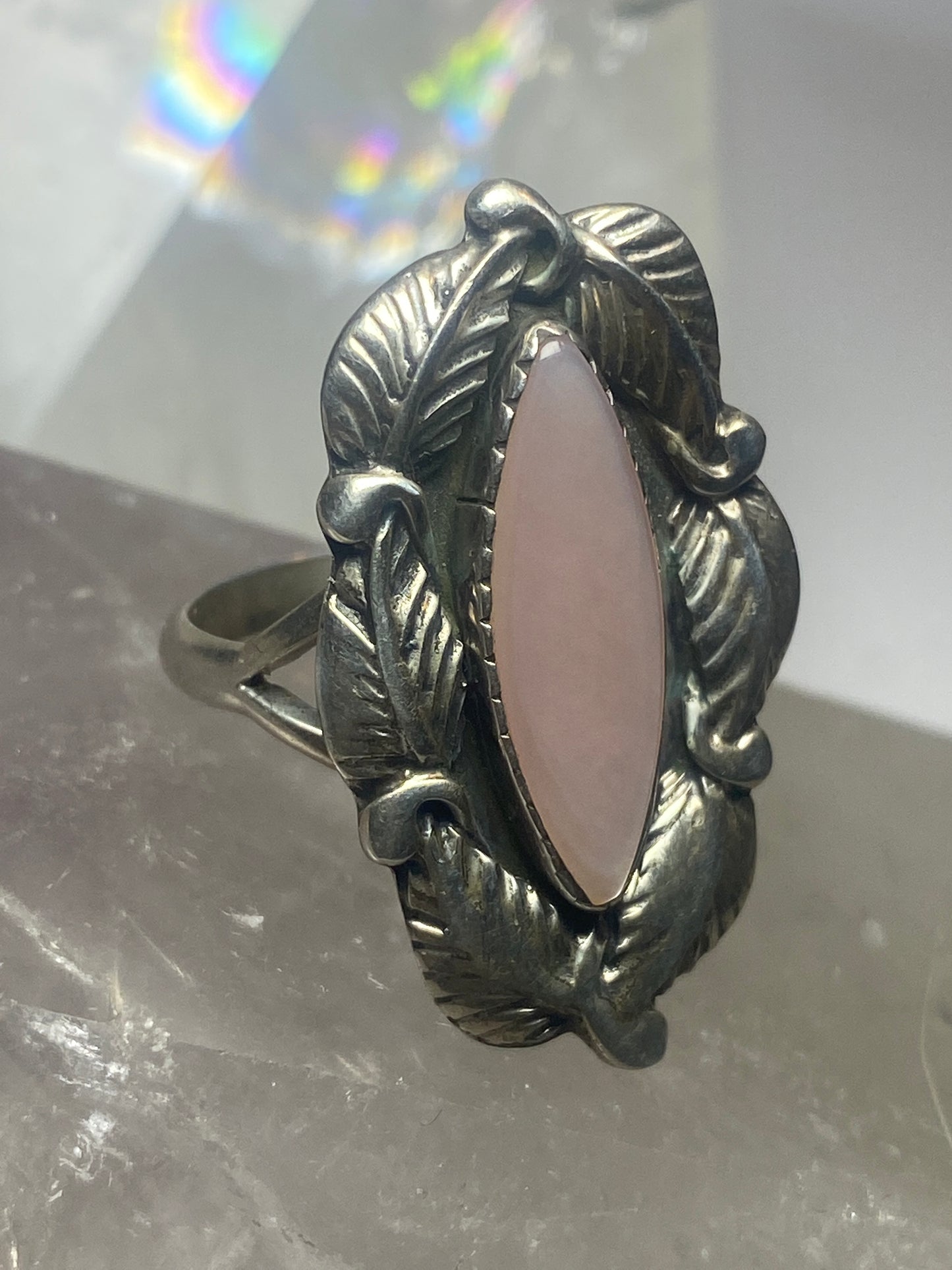 long mother of pearl ring leaves Navajo sterling silver women  girls