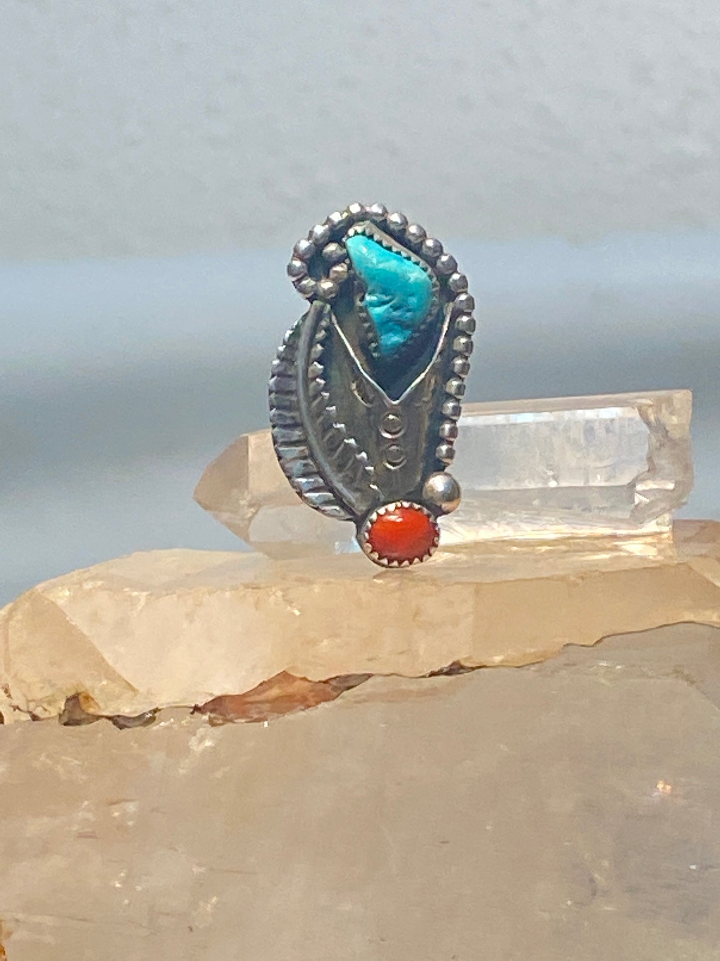 Turquoise ring size 5 coral long Navajo flower sterling silver southwest women girls