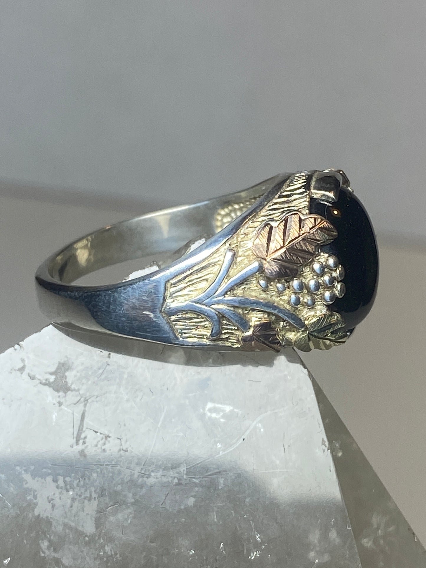 Onyx ring Black Hills Gold leaves sterling silver men women