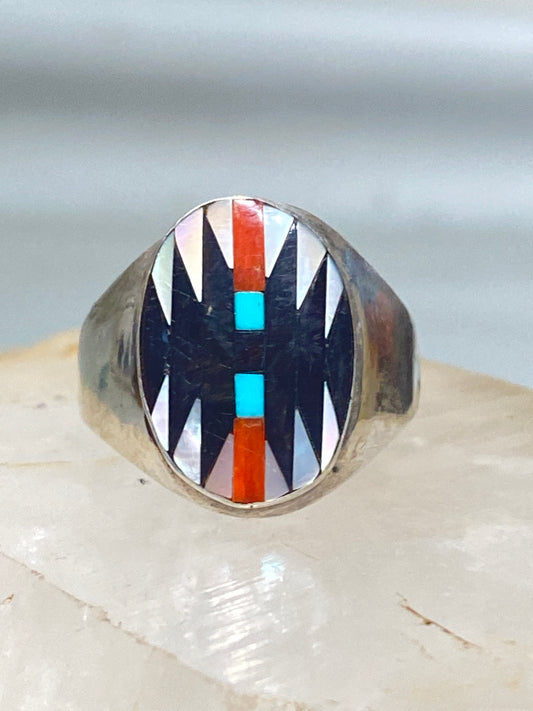Zuni ring turquoise coral Mother of pearl  inlay sterling silver women men