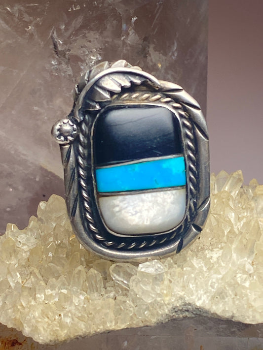 Turquoise ring size 8.50 Navajo onyx mother of pearl southwest sterling silver men women
