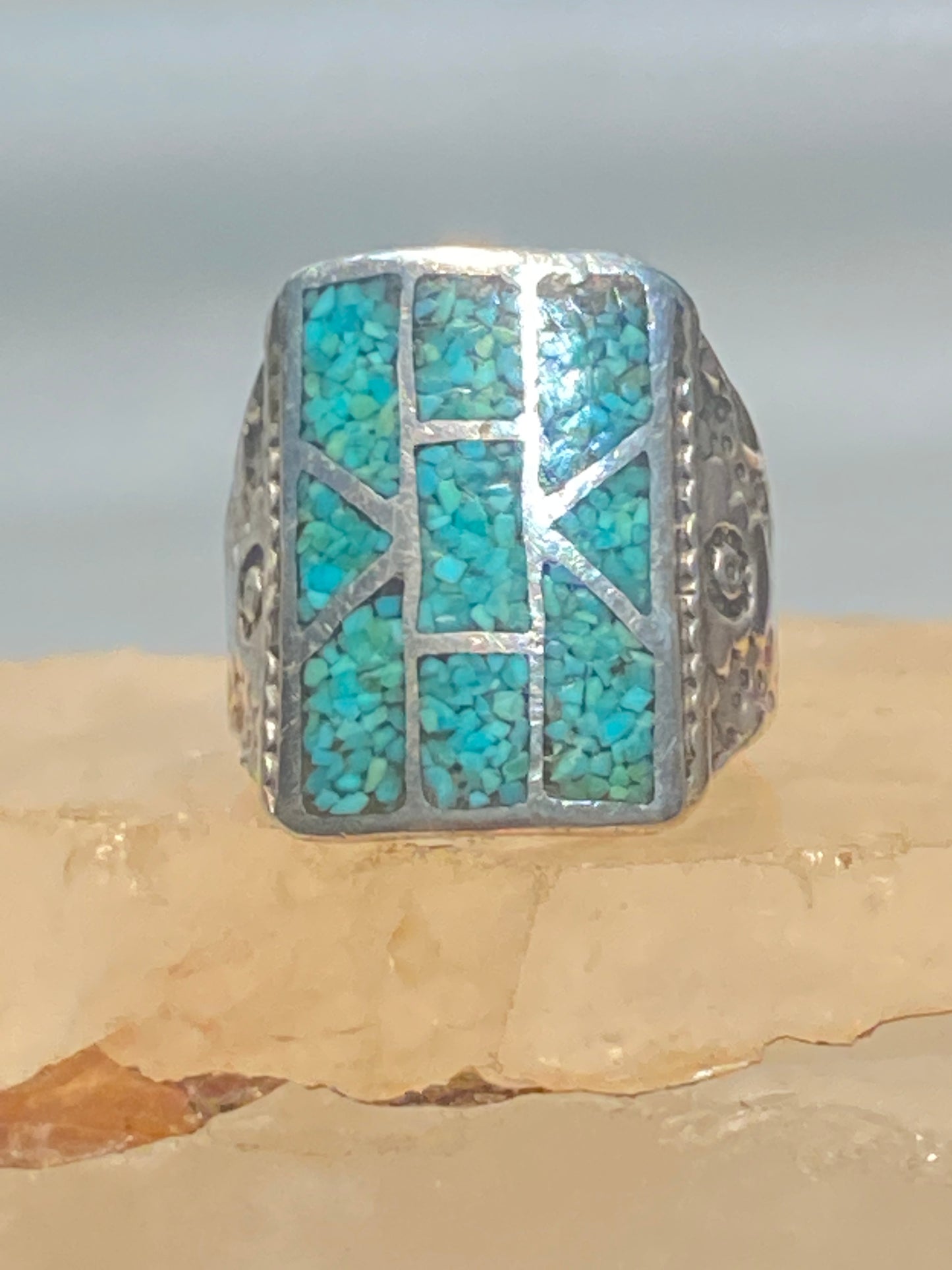 Turquoise mosaic ring size 7.75 sterling silver Tribal southwest women men