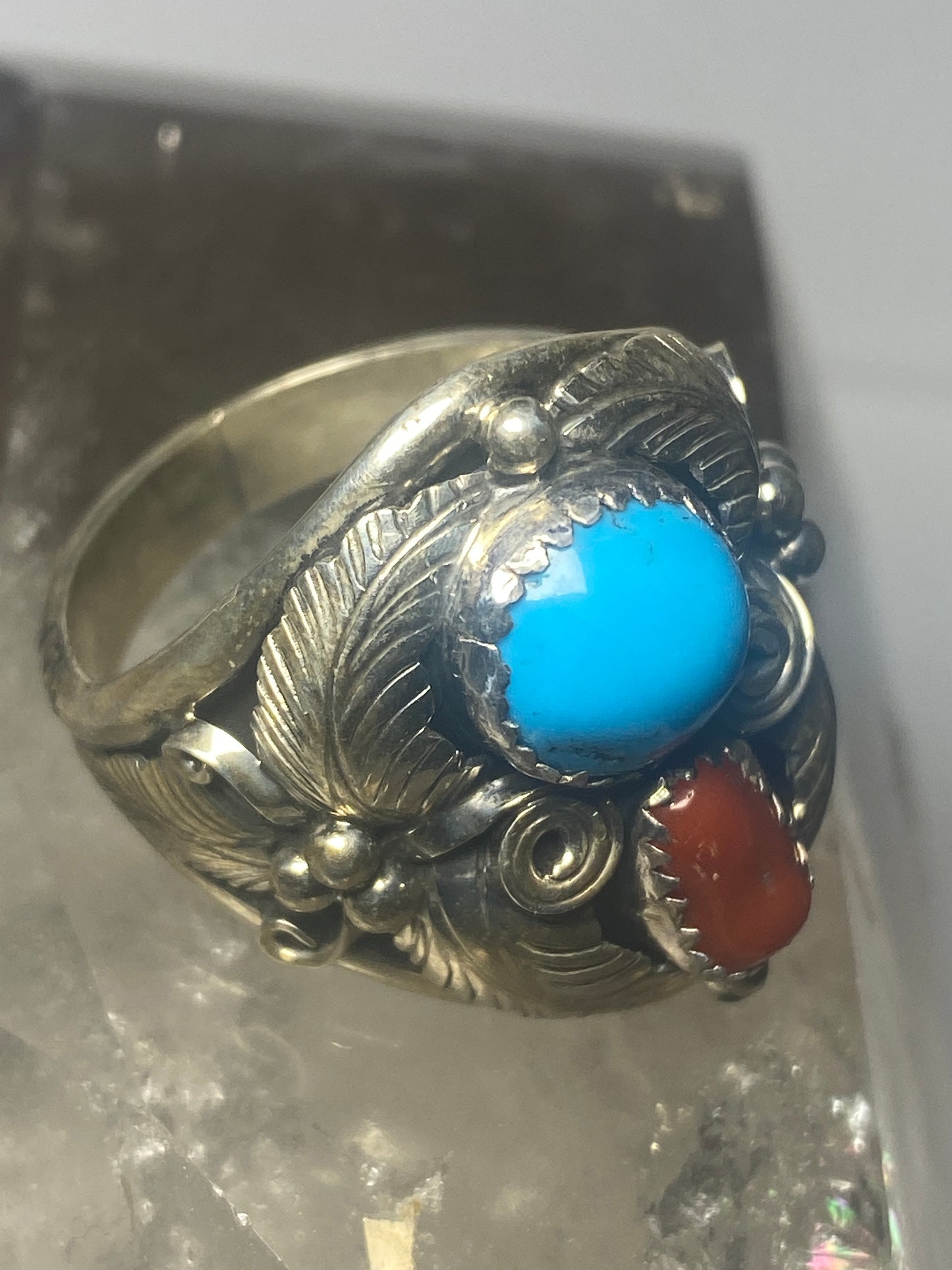 Navajo ring coral turquoise band sterling silver women men q