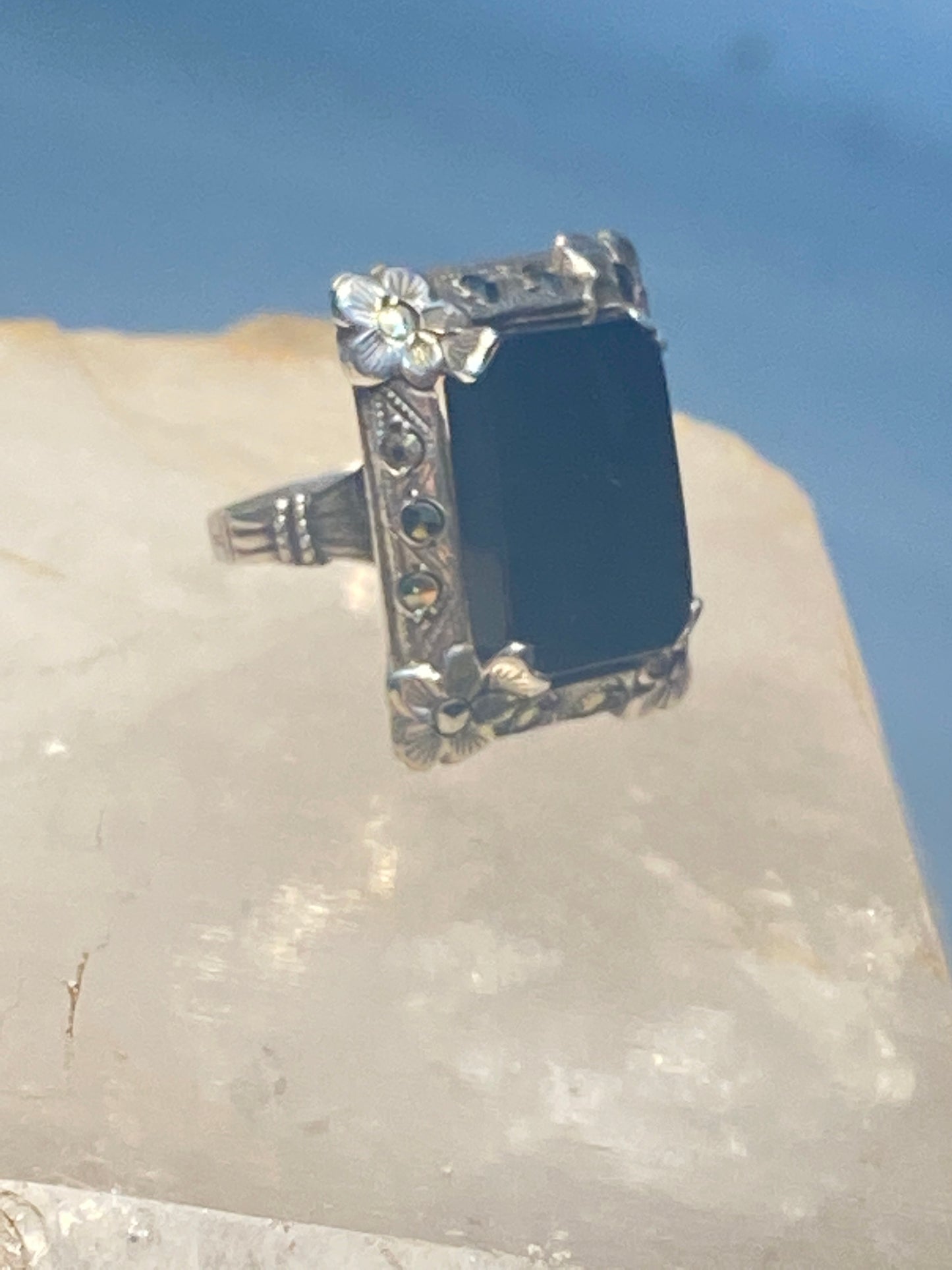 Onyx ring size 4.25 Art Deco marcasites mourning pinky sterling silver women