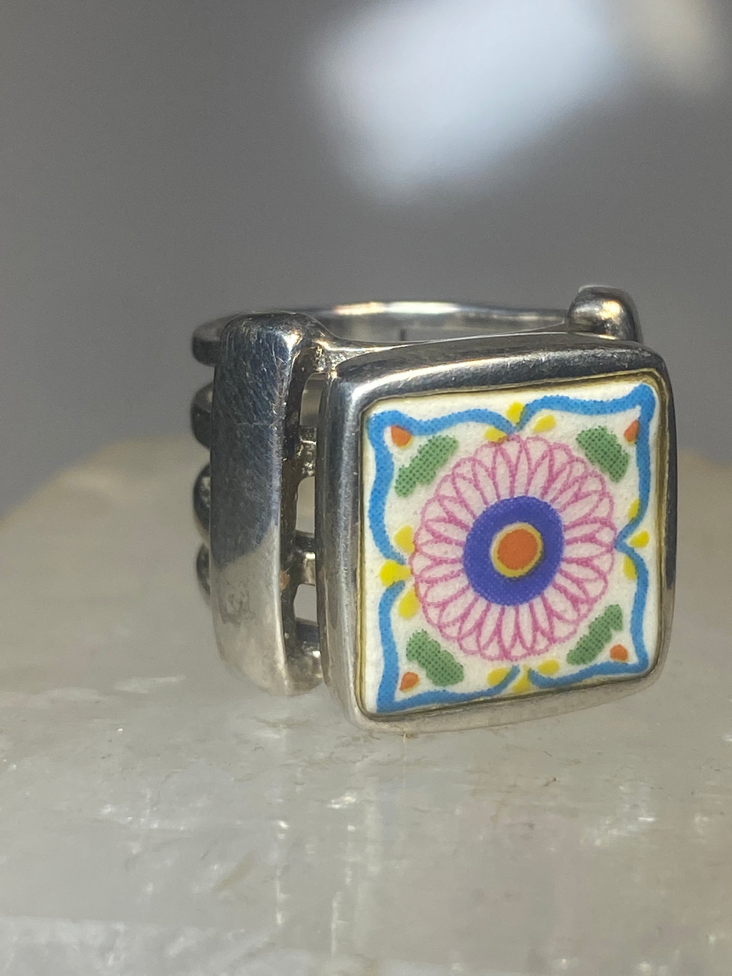 Porcelain ring flower tile size 5.50 sterling silver women