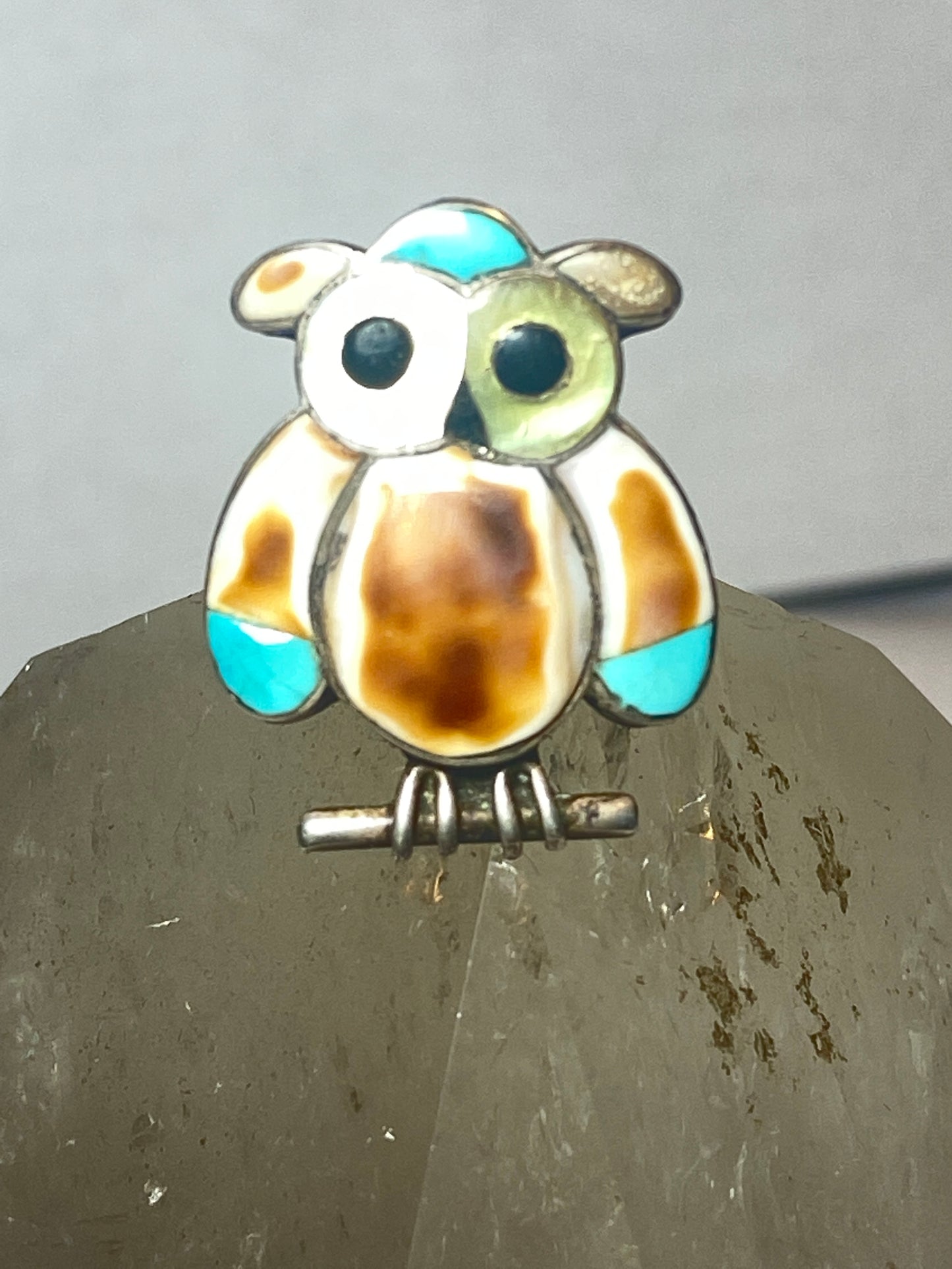 Owl ring Navajo turquoise MOP Onyx southwest sterling silver women