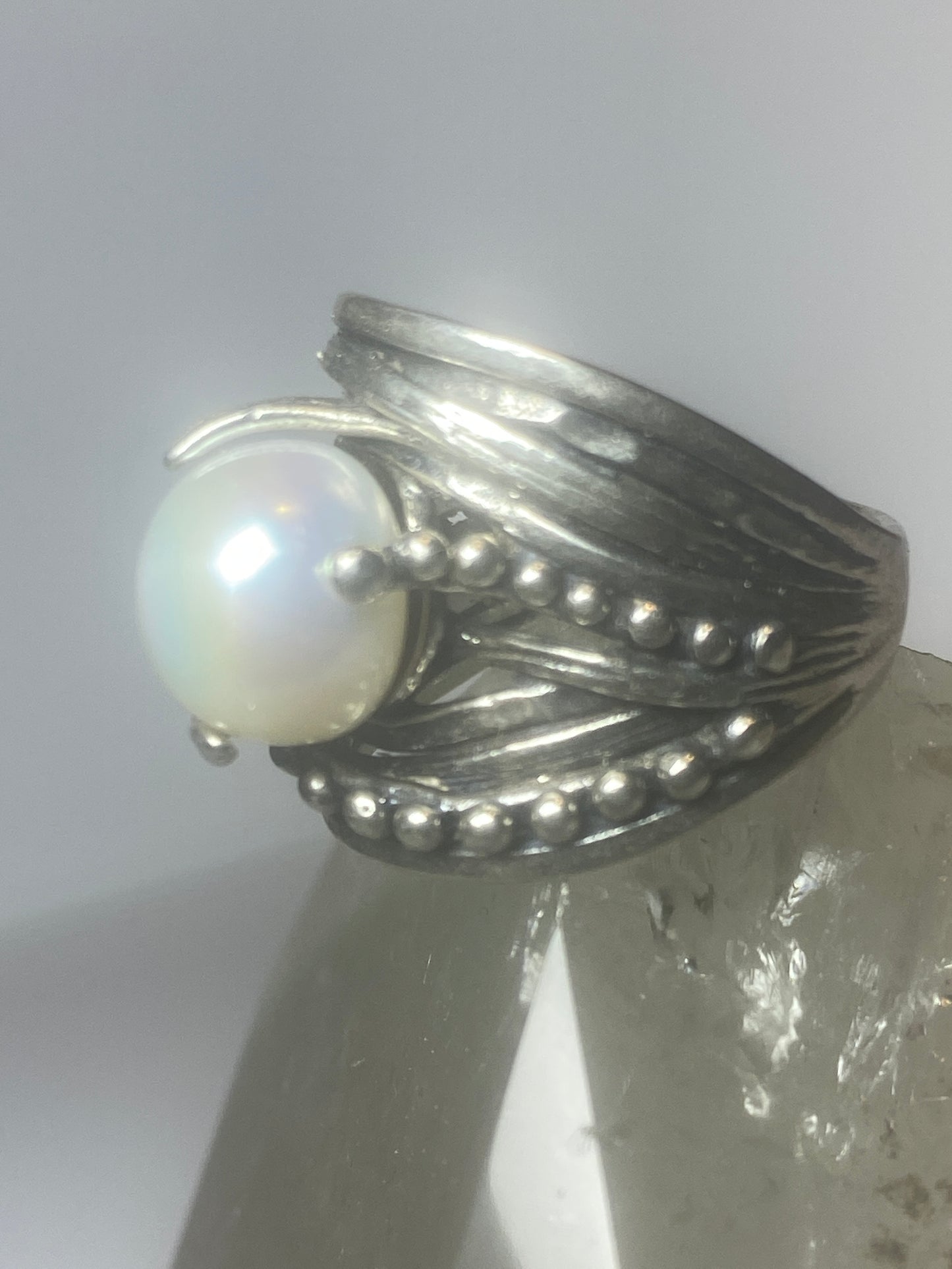 Pearl ring cigar band beaded  Israel sterling silver women girl