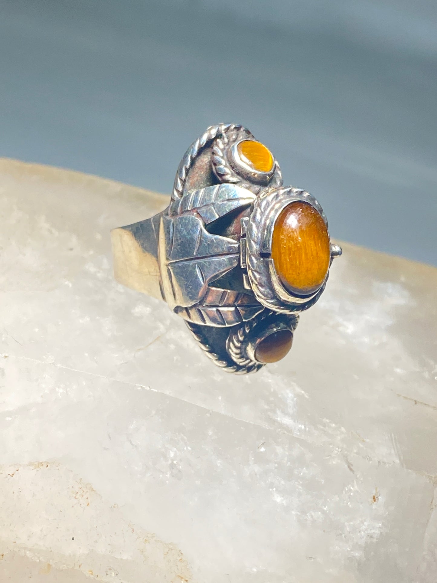 Poison ring size 8 tiger eye Mexico  leaf sterling silver women