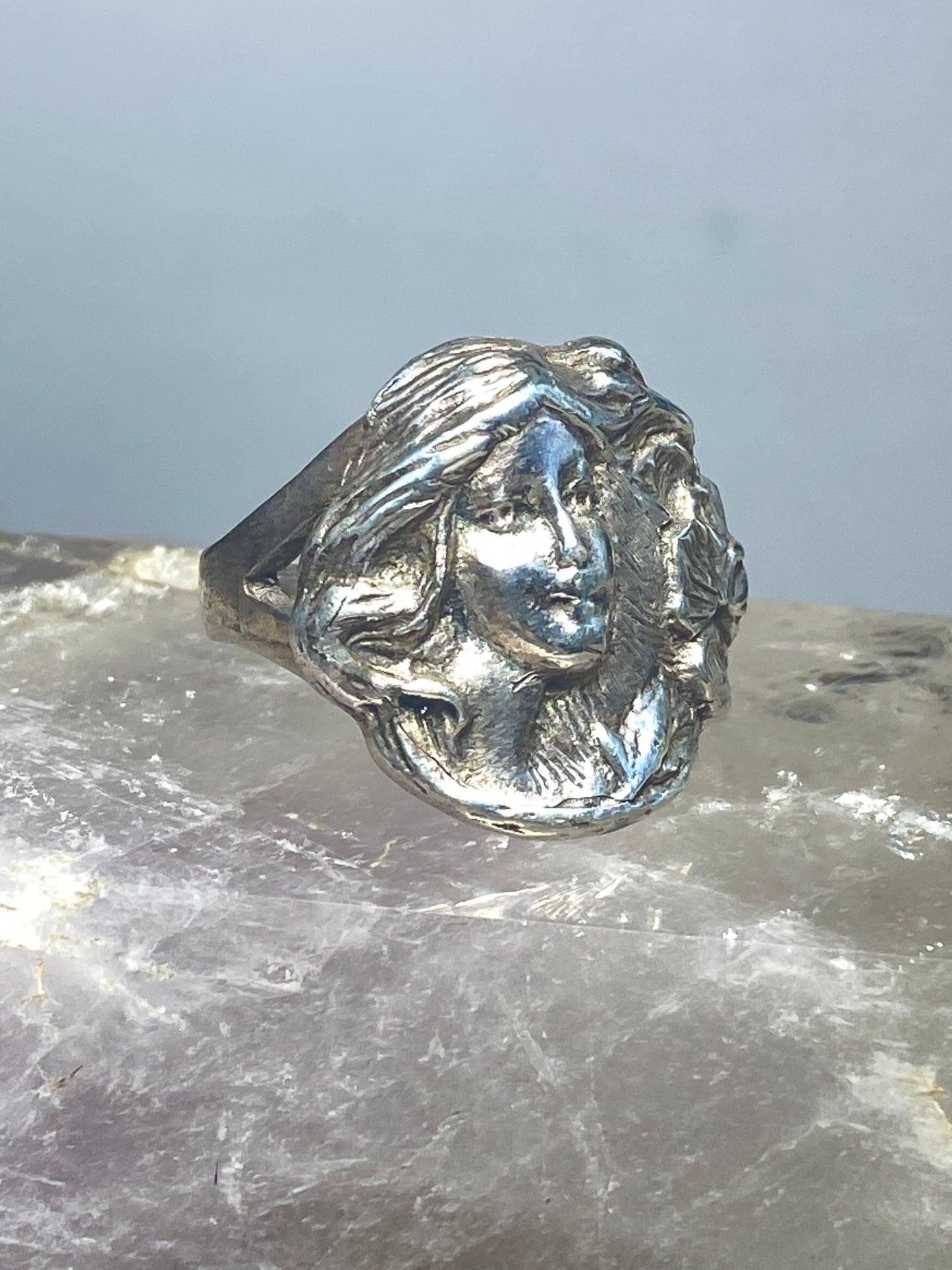 Lady face ring Art Deco flower floral sterling silver women girls