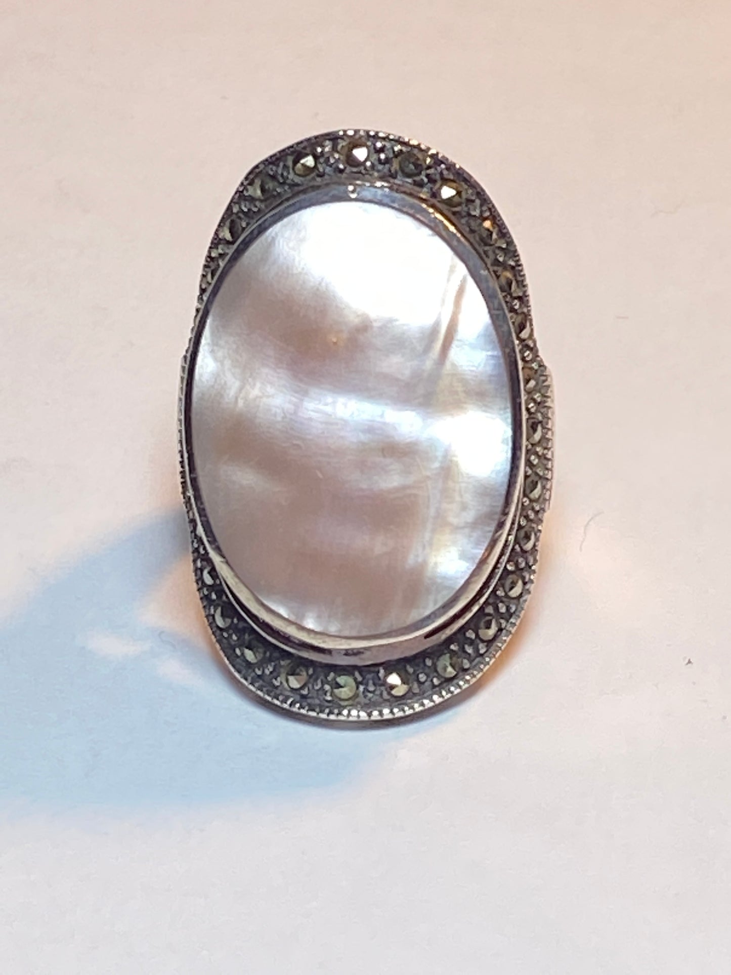 Mother of Pearl ring marcasite cigar band MOP chunky sterling silver women