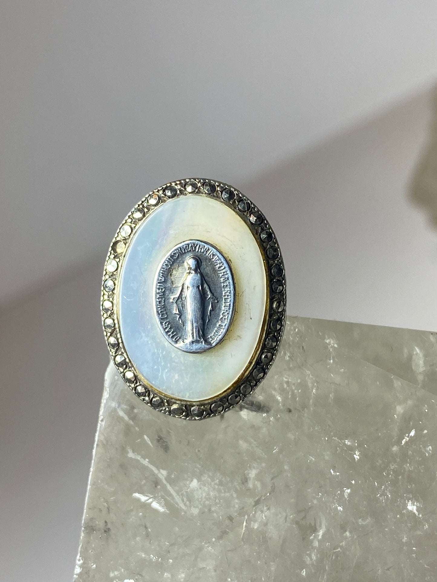 Madonna ring Mother of Pearl  marcasites Art Deco sterling silver women girls