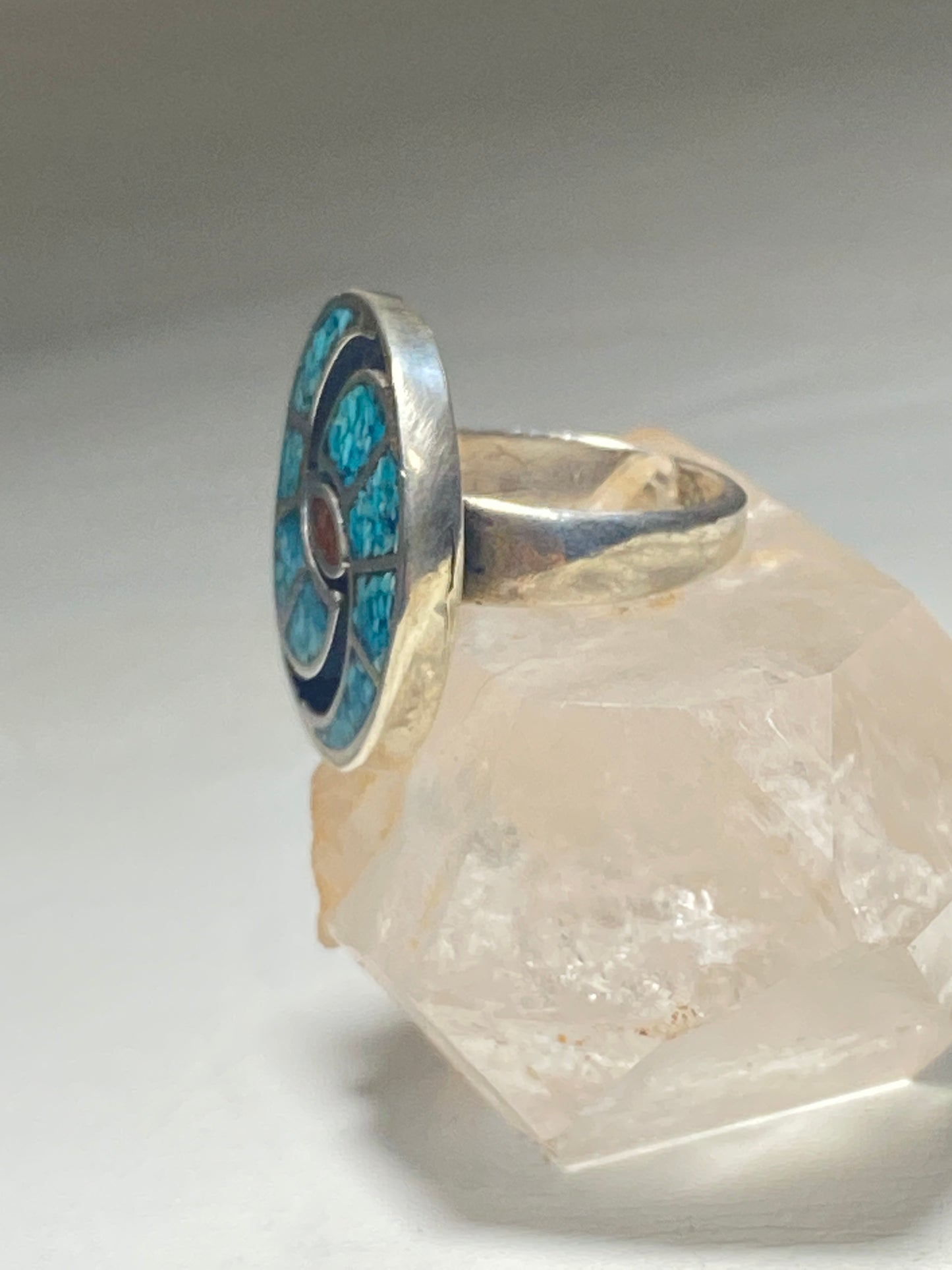 Turquoise chip ring coral hummingbird design southwest sterling silver women