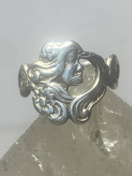 Lady face ring Art Deco influences floral band sterling silver women girls
