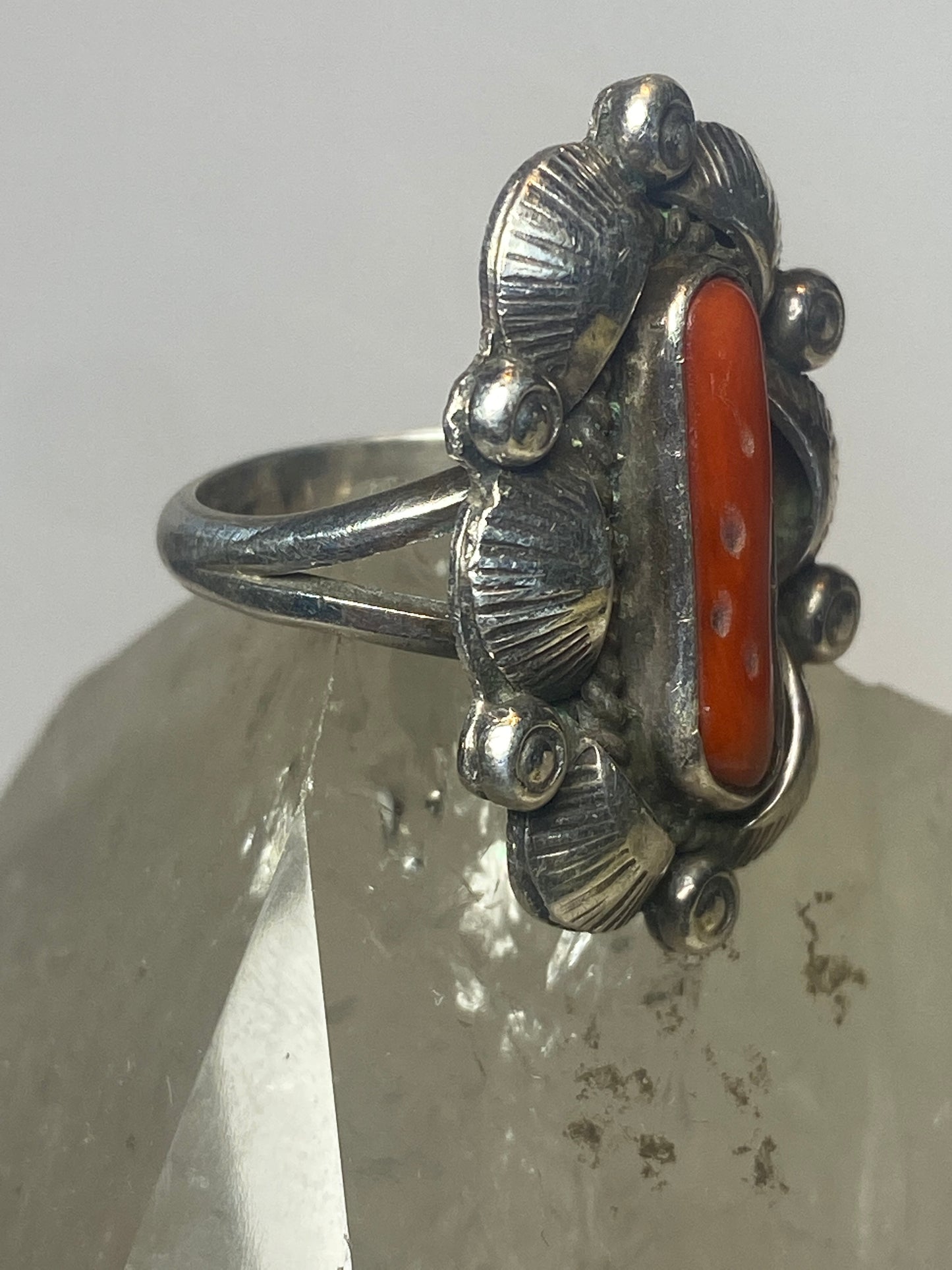 Coral ring size 6.50 Navajo leaves long sterling silver women girls