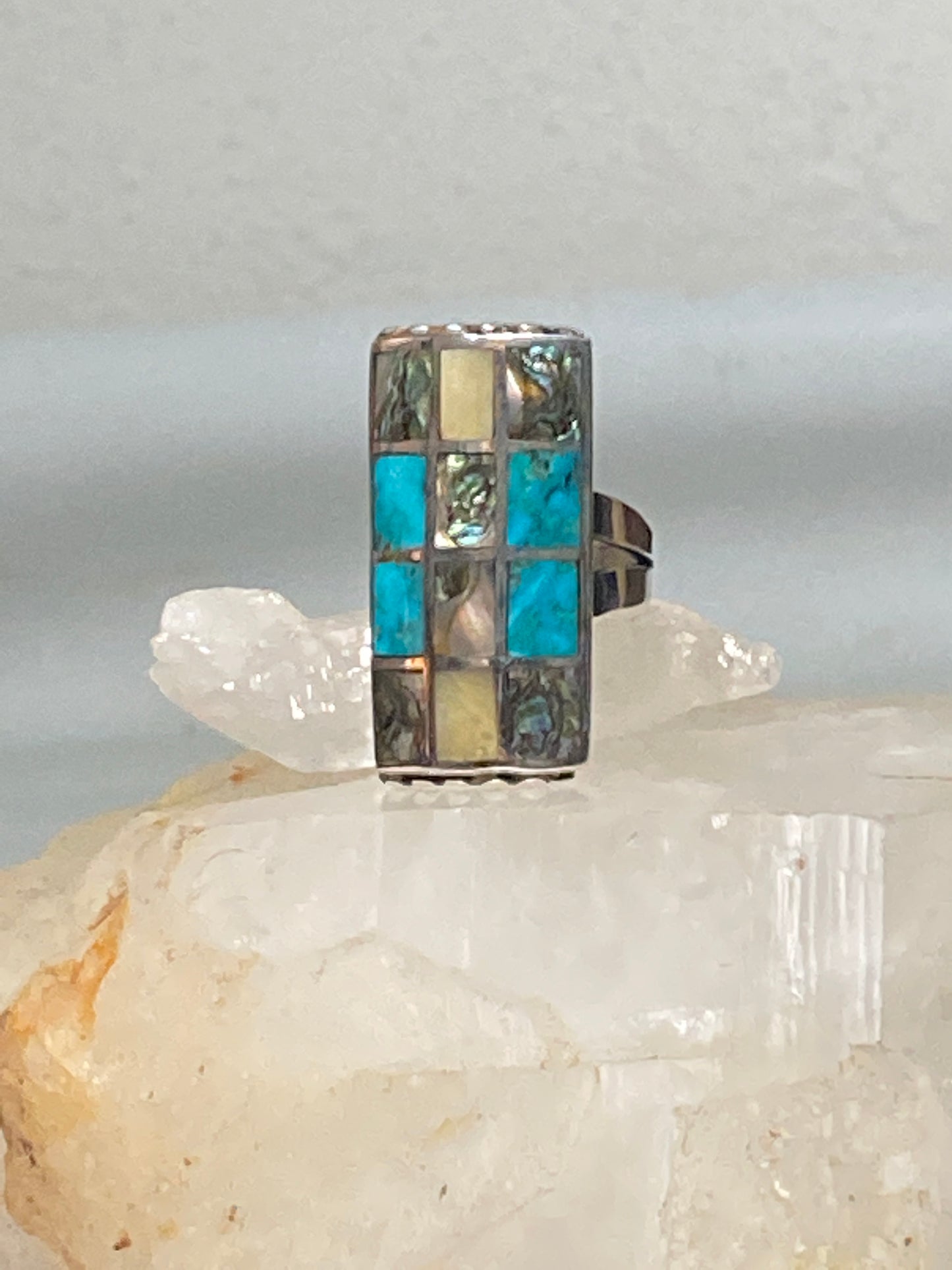 Navajo ring long turquoise abalone MOP sterling silver women men
