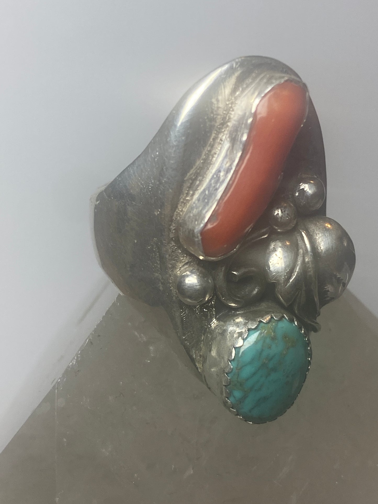 Navajo ring turquoise coral band sterling silver women men Size 10.75