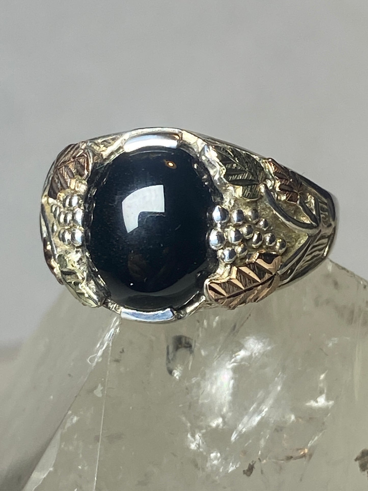 Onyx ring Black Hills Gold leaves sterling silver men women