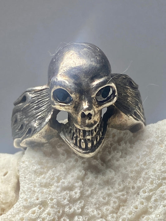 Skull ring size 8.75 biker flames band sterling silver women men