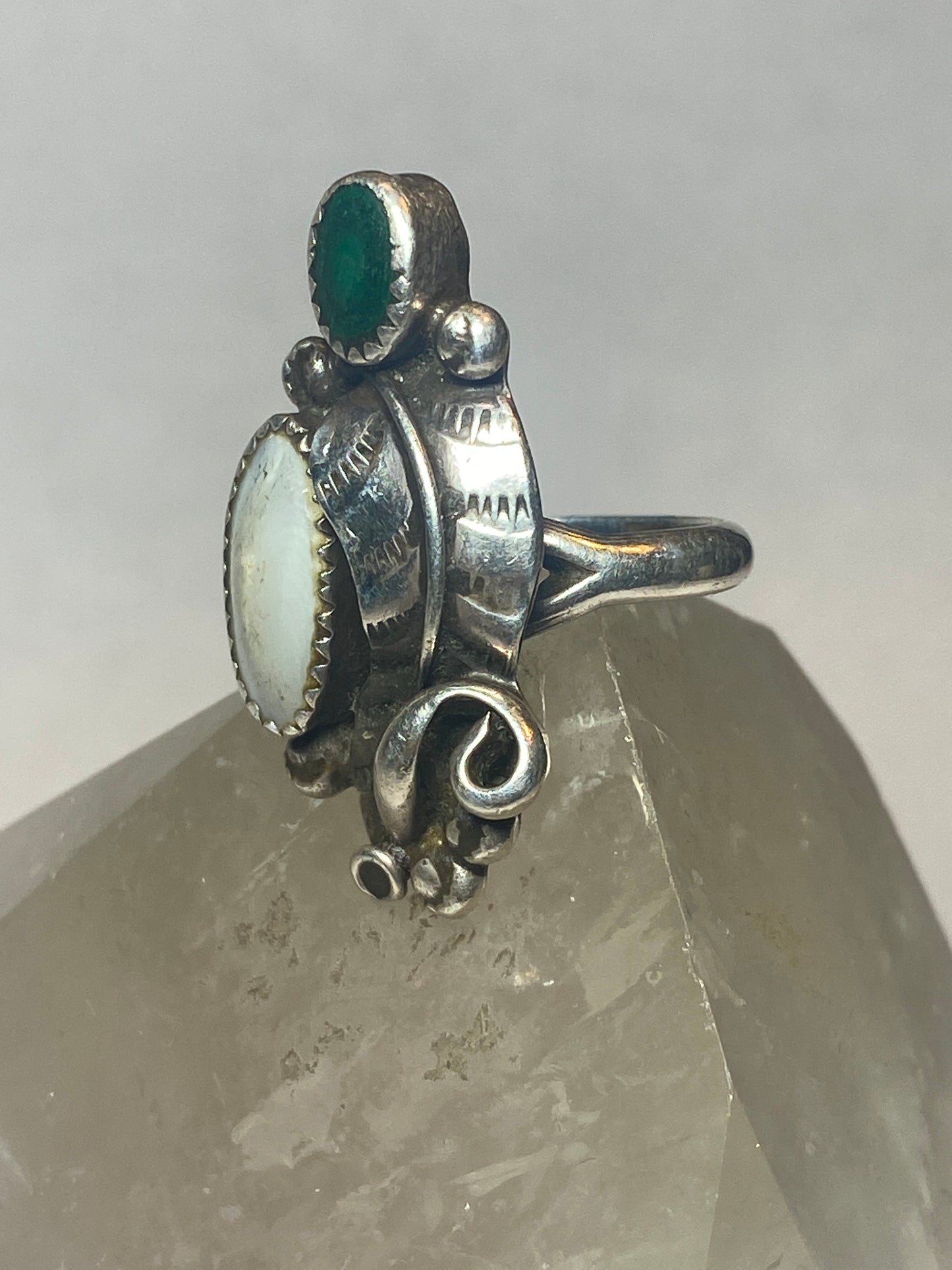 Turquoise ring long Navajo MOP leaves feather southwest sterling silver women