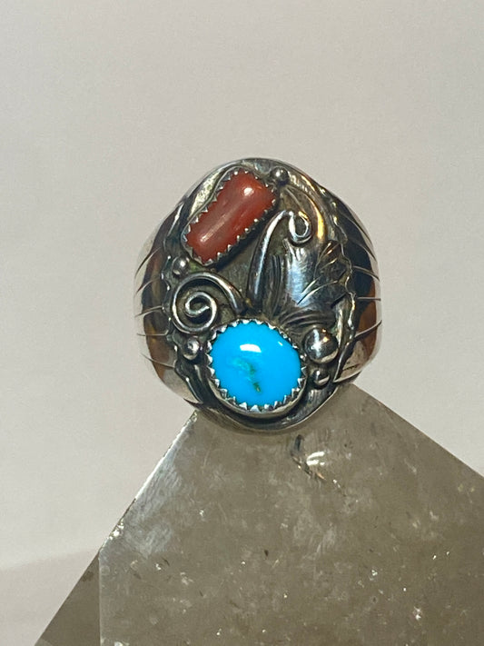 Navajo ring turquoise coral long sterling silver men women  b