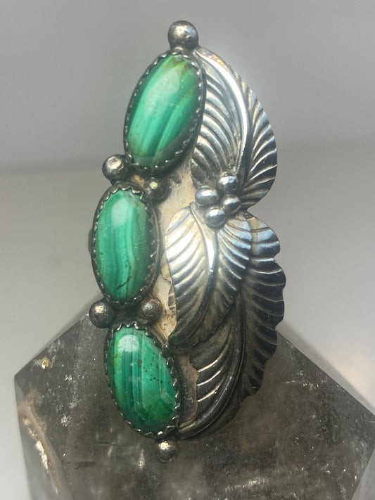 Long Malachite ring size 6.25 Navajo leaves sterling silver women