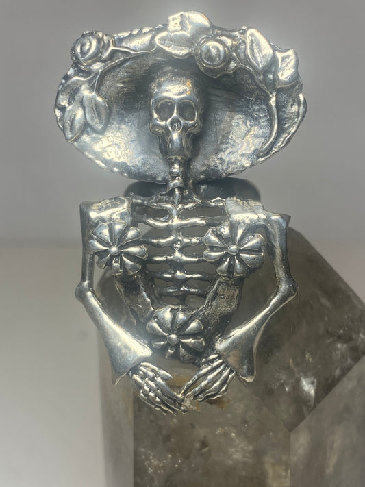 Skull ring Day of the Dead floral skeleton biker band sterling silver women