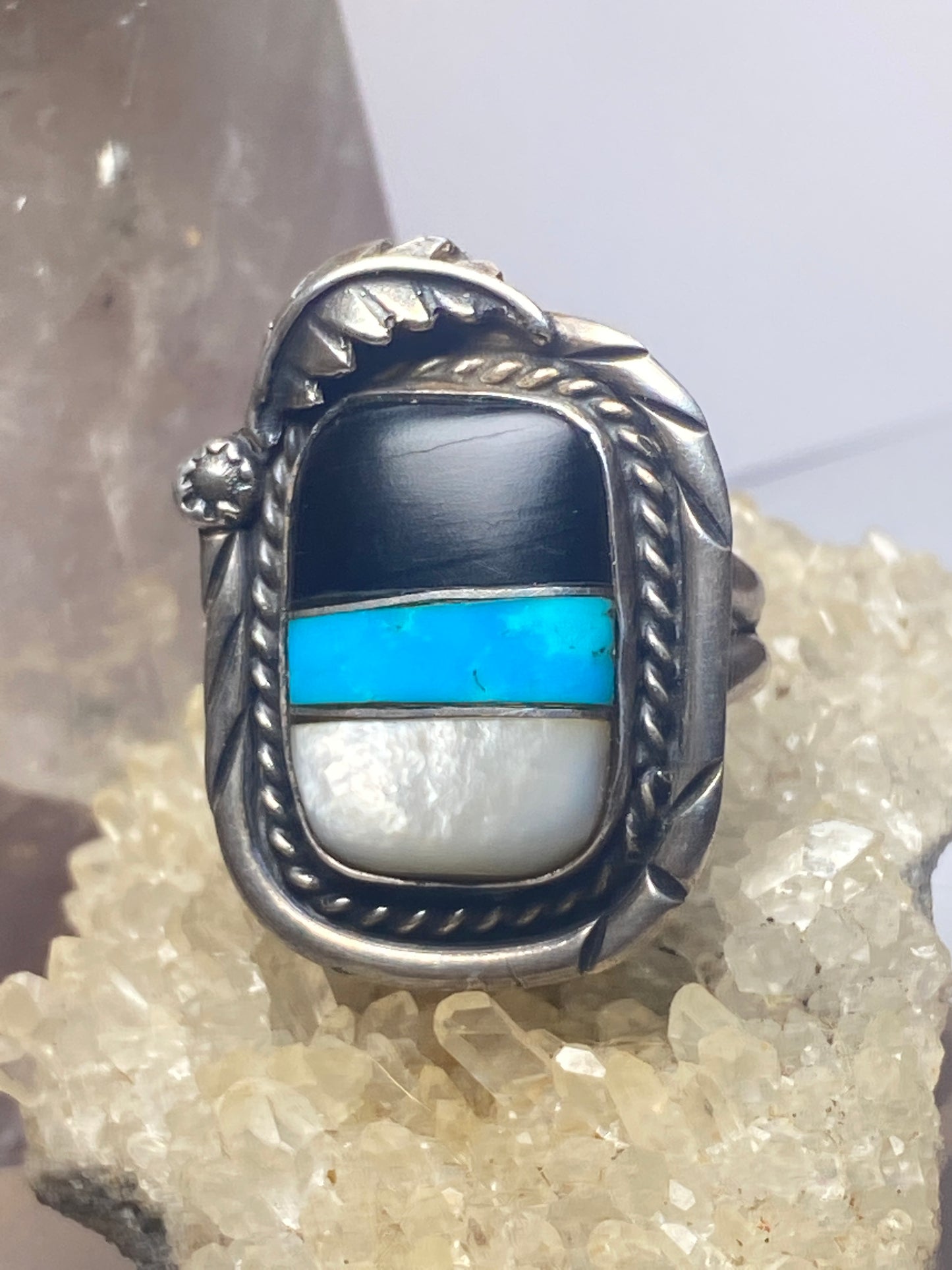 Turquoise ring size 8.50 Navajo onyx mother of pearl southwest sterling silver men women