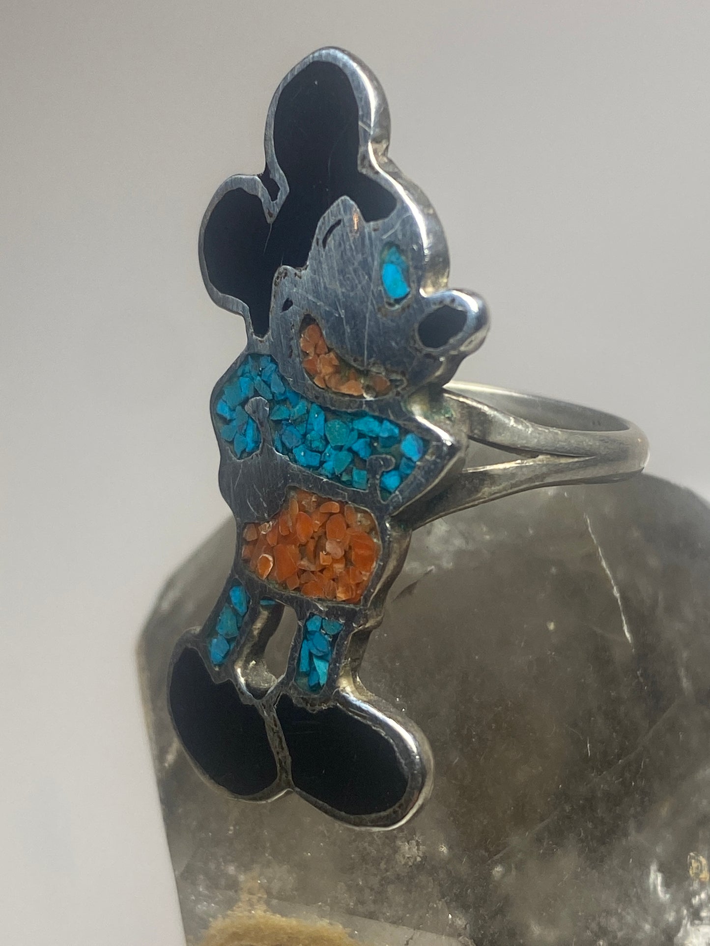 Mickey Mouse ring size 5.75 turquoise chips coral sterling silver women