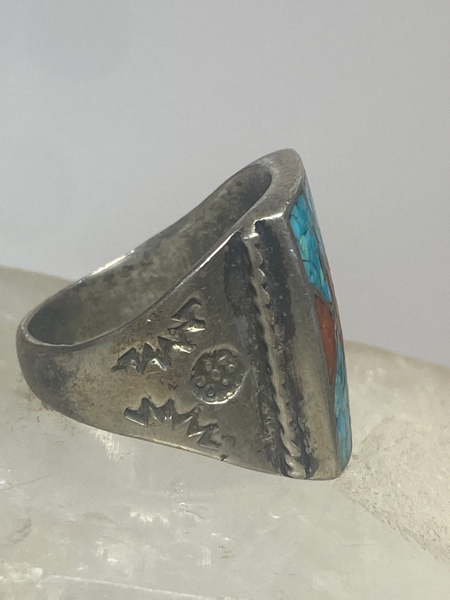 Navajo  ring size 9.75 turquoise coral chips southwest sterling silver women men