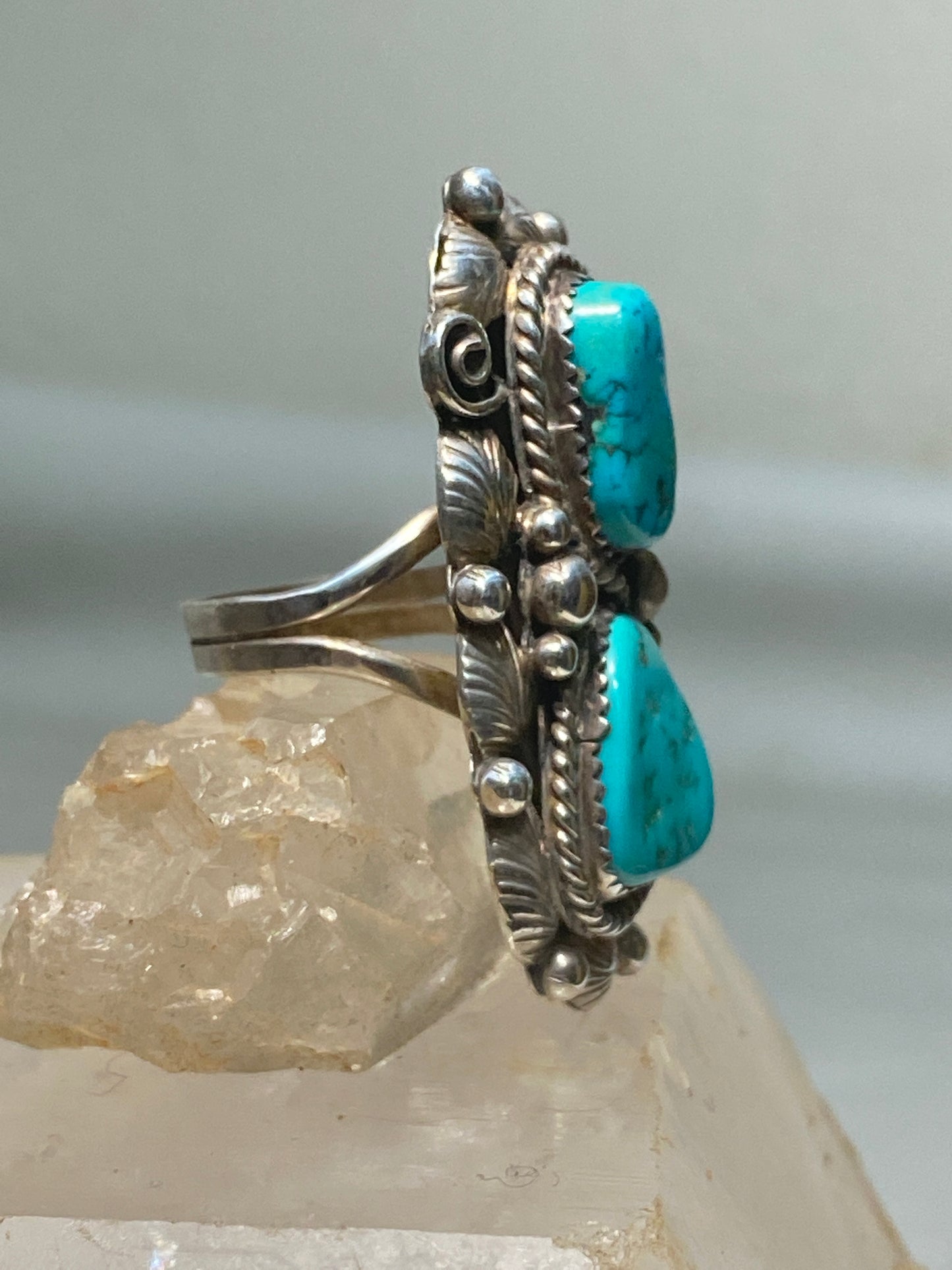 Turquoise ring long Navajo feather leaves sterling silver women