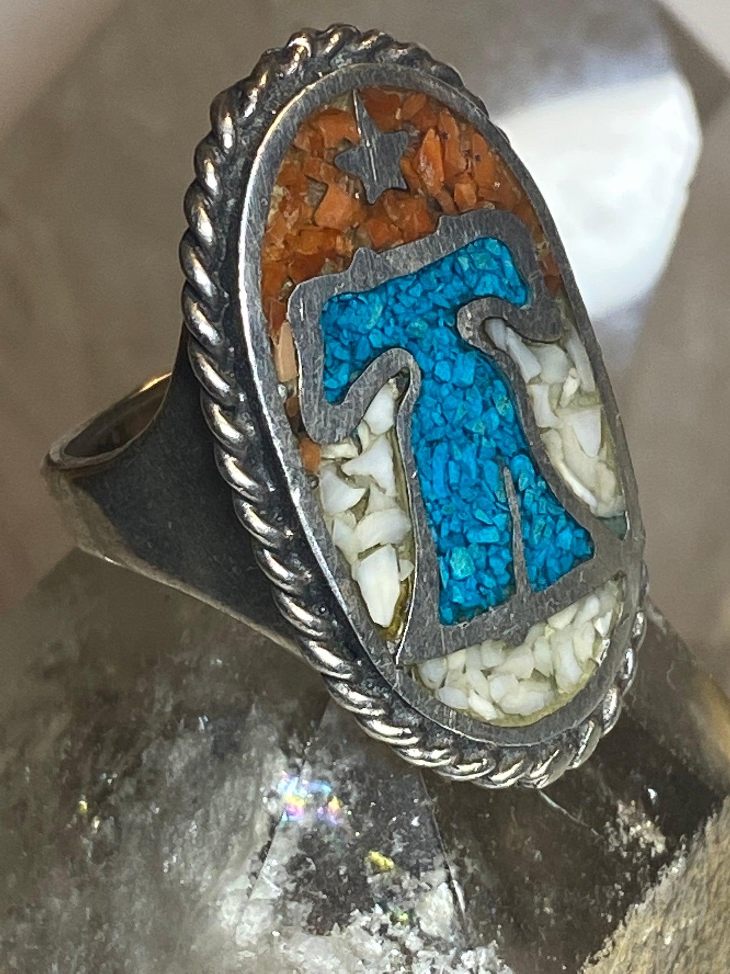 Liberty Bell ring size 8 turquoise chips coral Independence July 4 sterling silver women