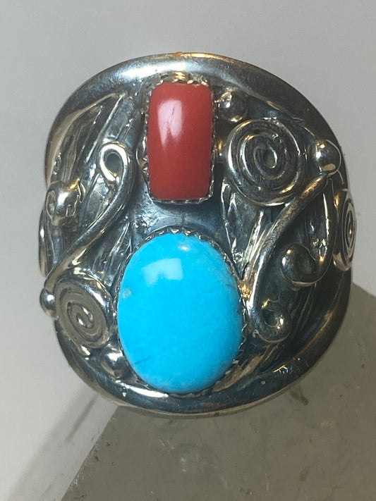 Turquoise ring coral southwest band sterling silver women men