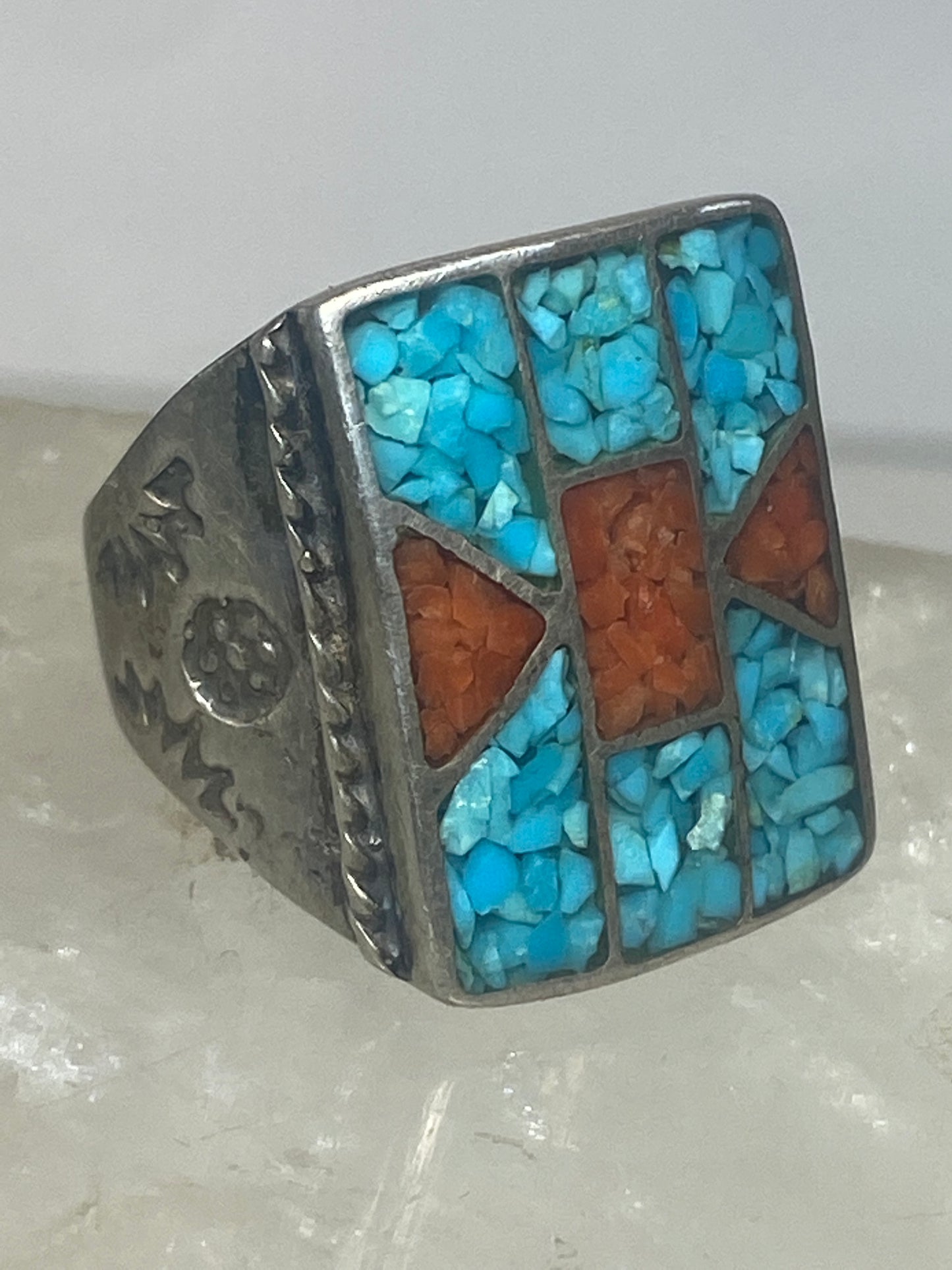 Navajo  ring size 9.75 turquoise coral chips southwest sterling silver women men