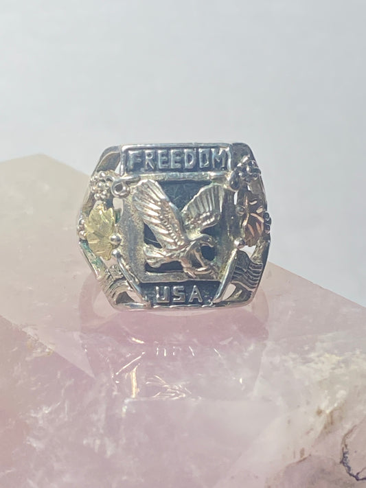Freedom USA ring size 8 Eagle Black Hills Leaves sterling silver men  12K Leaves over sterling