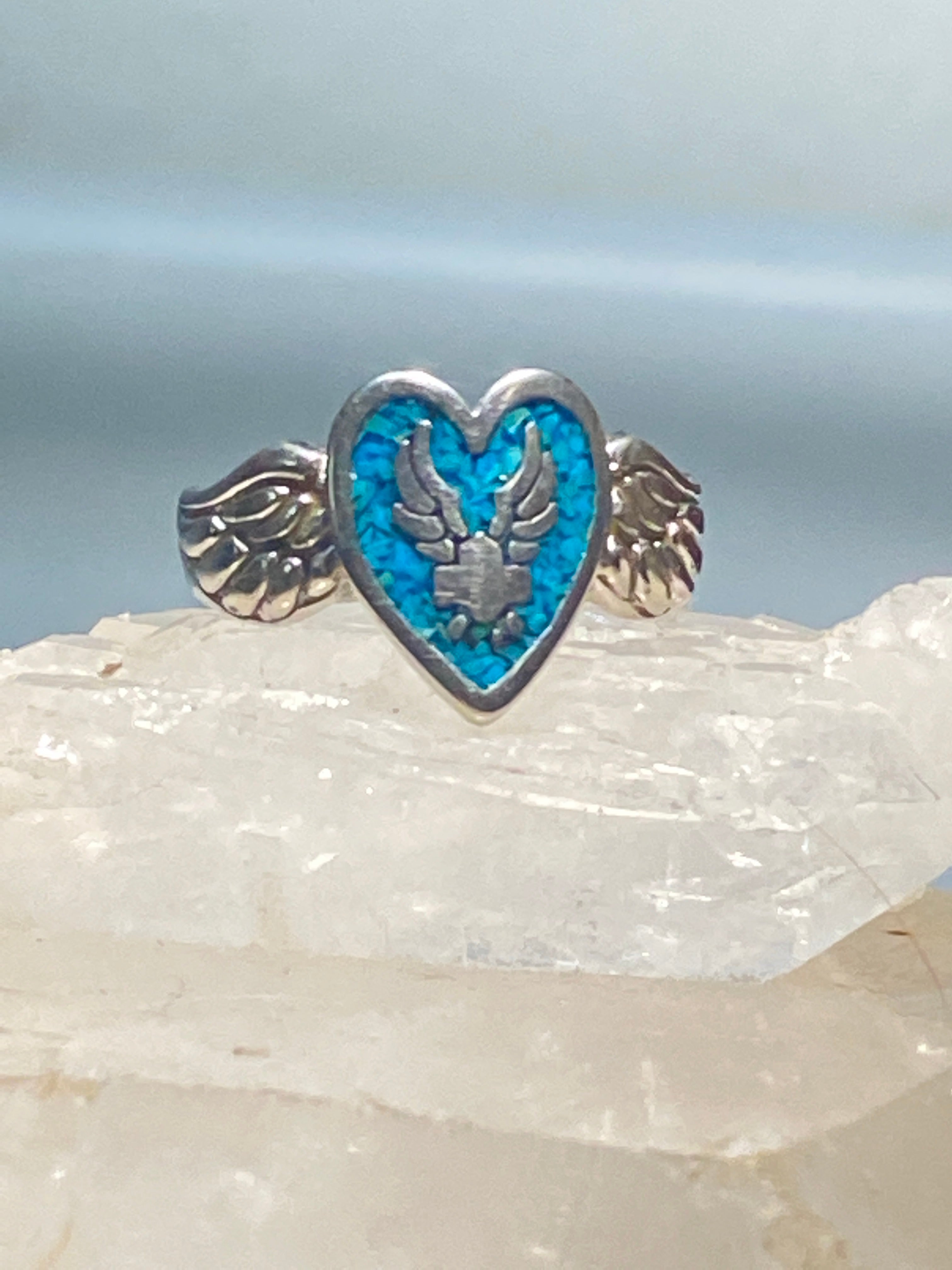 Biker ring heart w wings band turquoise chips southwest sterling