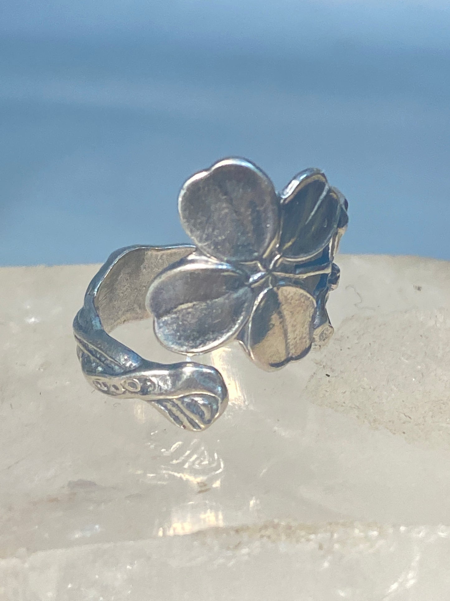 Four leaf clover spoon ring size 7.25  good luck band sterling silver women girls adj