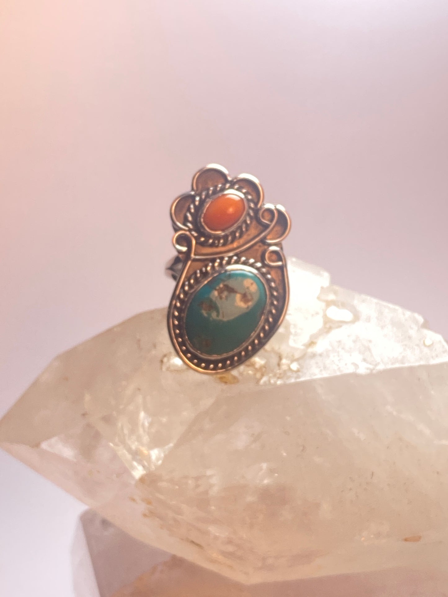 Turquoise ring size 10 Navajo coral southwest sterling silver women girls