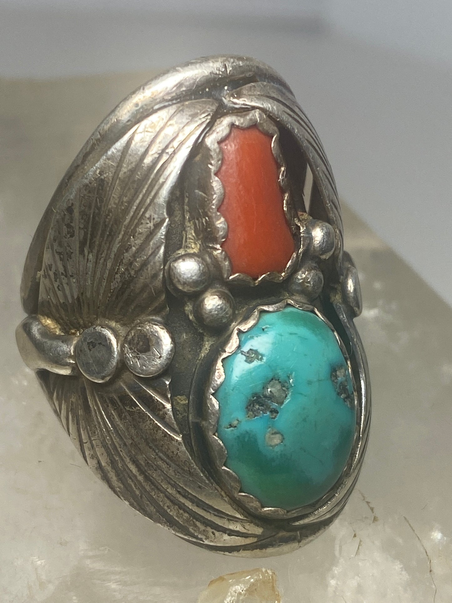 Turquoise coral ring southwest sterling silver women men