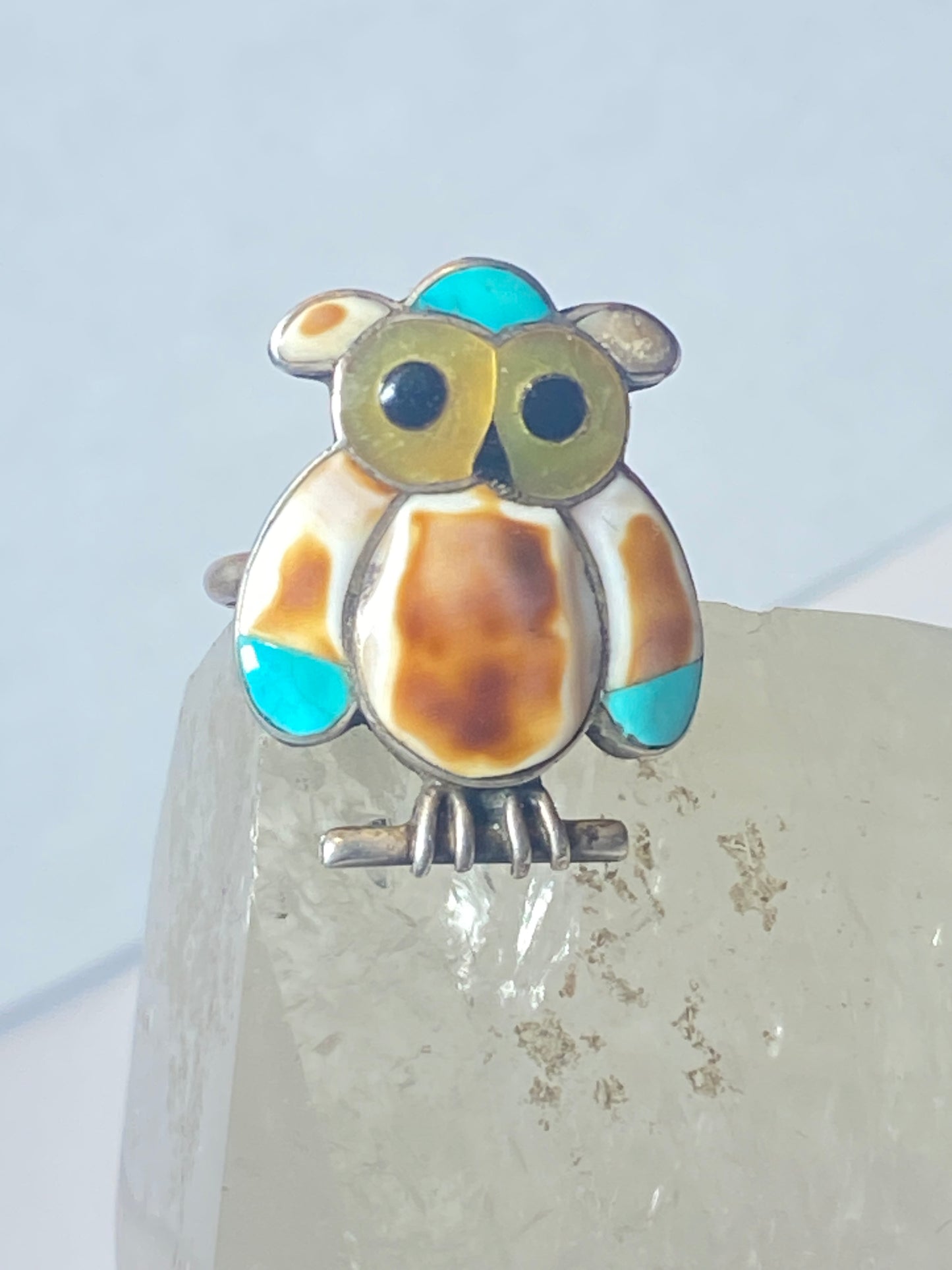 Owl ring Navajo turquoise MOP Onyx southwest sterling silver women