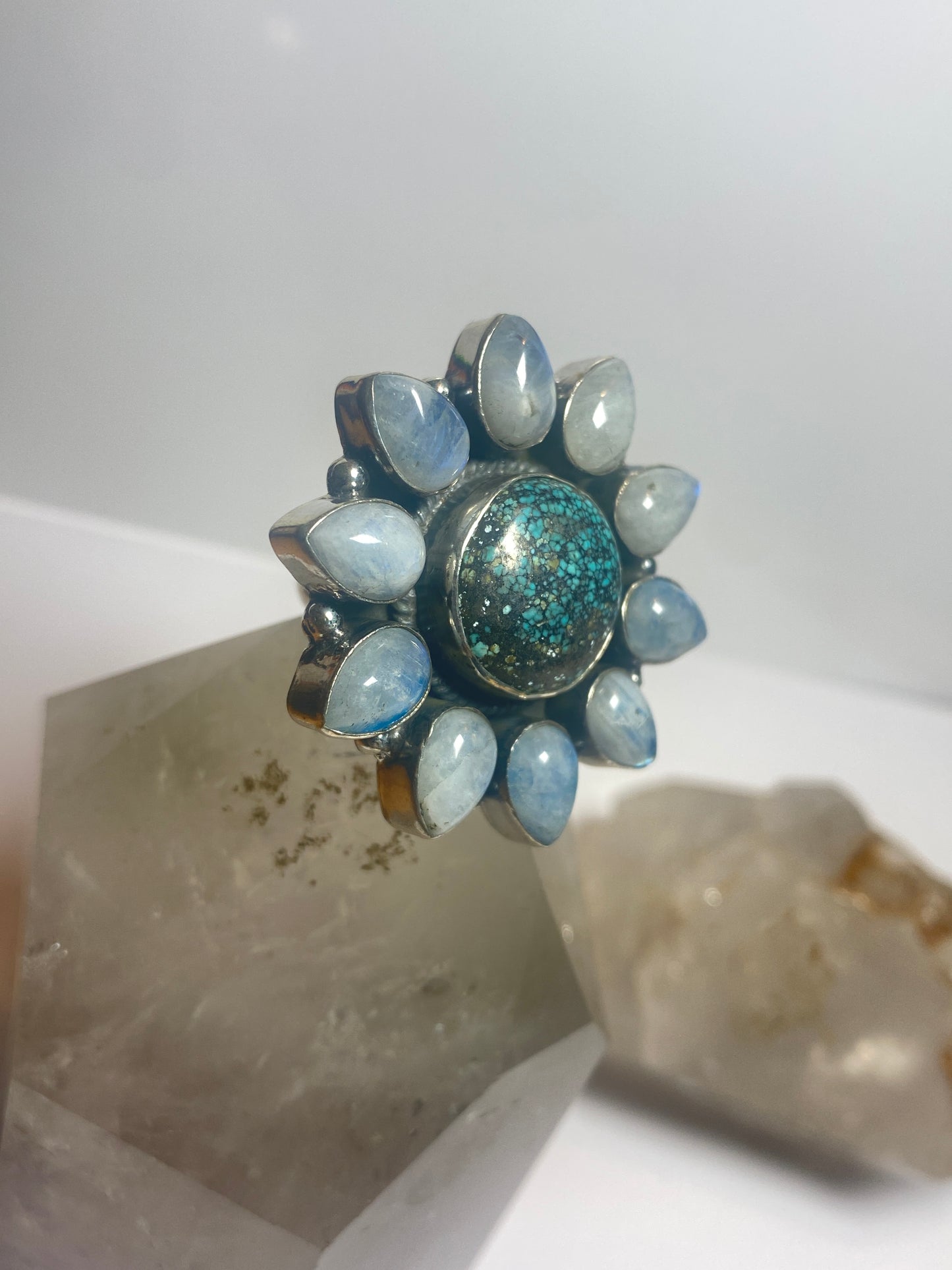 Flower ring moonstone turquoise southwest sterling silver women