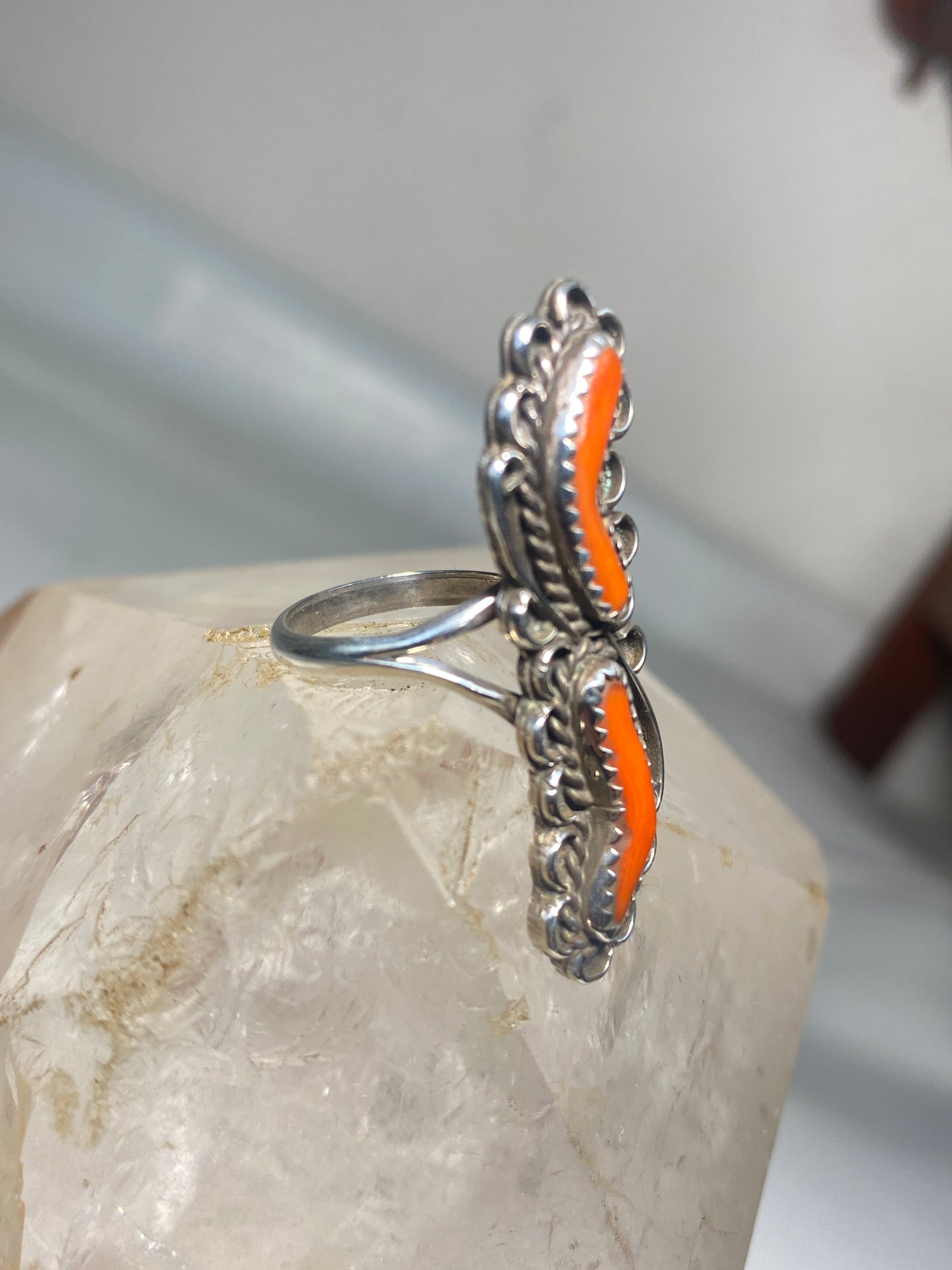 Coral ring size 7.50 Navajo southwest long sterling silver women