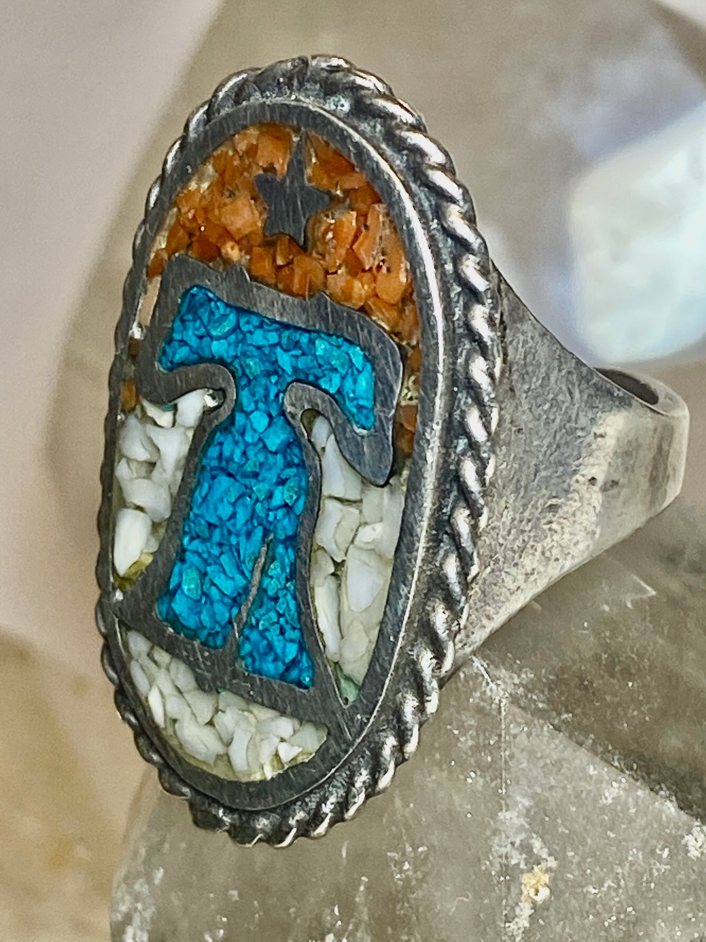 Liberty Bell ring size 8 turquoise chips coral Independence July 4 sterling silver women