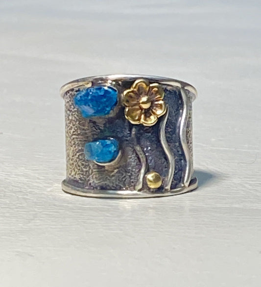 Floral Ring cigar band boho blue crystal quartz sterling silver women girls