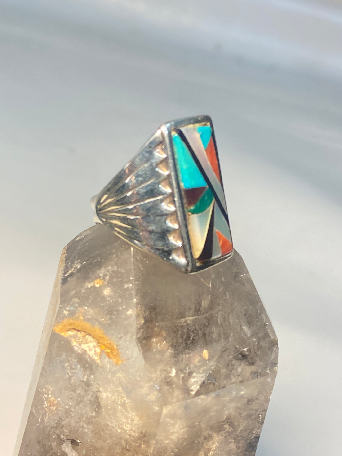 Zuni ring southwest long turquoise MOP coral sterling silver men women
