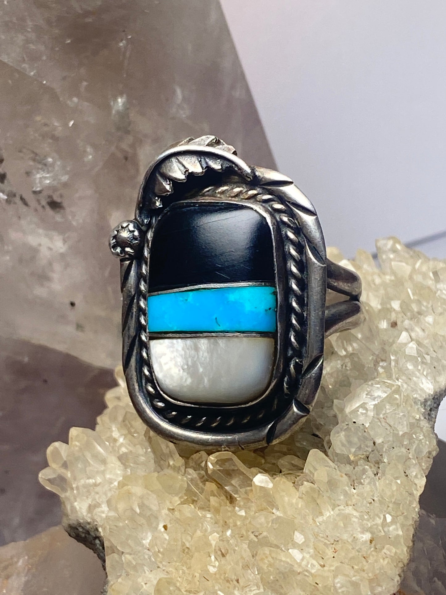 Turquoise ring size 8.50 Navajo onyx mother of pearl southwest sterling silver men women