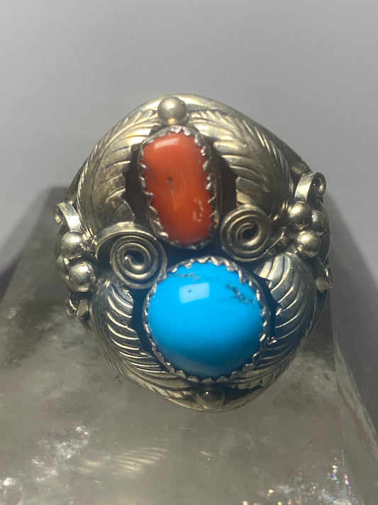Navajo ring coral turquoise band sterling silver women men q